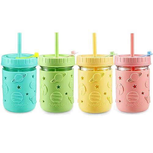 Kids & Toddler Glass Cups with Silicone Sleeves & Straws (4pack)