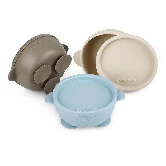 PandaEar 3 Pack Baby Suction Bowls with Lids| Leak-Proof Stay Put Silicone Food Bowl for Babies Kids Toddlers Infants| Food Grade Soft Safe BPA-Free Silicone (Blue Brown Tan)