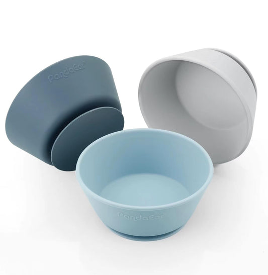 PandaEar 3 Pack Baby Suction Bowls|Silicone Food Bowls First Stage Feeding for Baby Toddler Infant Kids| Food Grade Soft Safe BPA-Free Silicone Toddler Bowls -Blue/Gray
