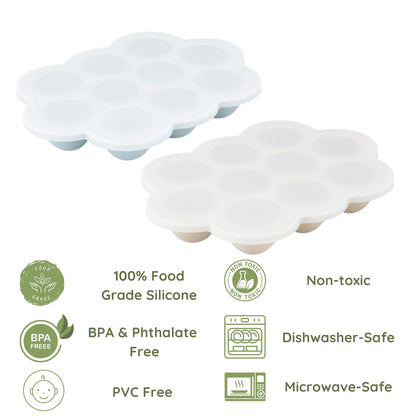 PandaEar 2 Pack Baby Food Freezer Tray with Lids, Silicone Baby Fruit Food Feeder Teether Tray, Baby Food Storage Container Ice Cube Tray Maker for Homemade Baby Food (Blue/Tan)