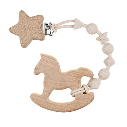 Baby Binky Holder Clips with Wooden Teething Toy (4 Pack) - PandaEar