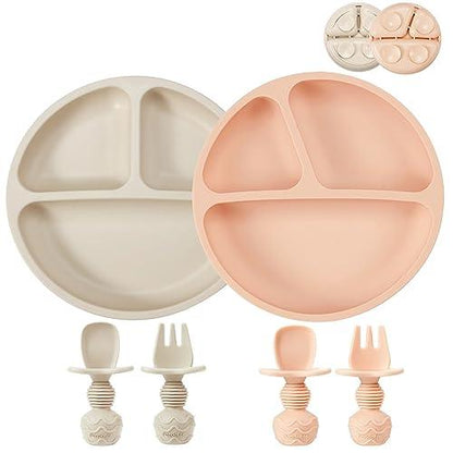 Pink & Linen Silicone Divided Suction Plates with 2 Spoons 2 Forks (2 Pack) - PandaEar