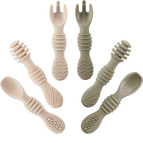 PandaEar Silicone Baby Spoons & Fork Feeding Set (6 Pack) | BPA Free Fist Stage Silicone Self Feeding Utensils for Infant Baby Led Weaning Ages 6 + Months - PandaEar