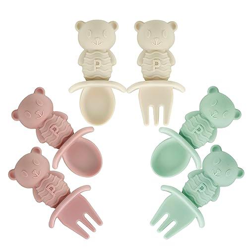 PandaEar 6 Pack Bear Baby Led Weaning Spoons Forks | Silicone Baby Spoons Self Feeding, Toddler Infant Feeding Spoon -Pink Green Linen - PandaEar