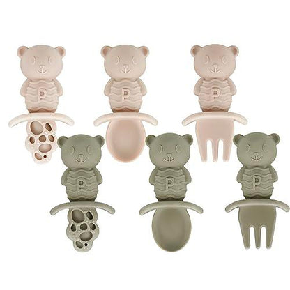 PandaEar 6 Pack Bear Baby Led Weaning Spoons Forks Stick | Silicone Baby Spoons Self Feeding, Toddler Infant Feeding Spoon -Tan - PandaEar