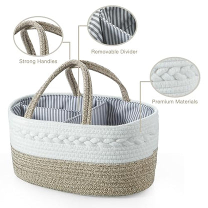 PandaEar Baby Diaper Caddy Organizer, Portable Nursery Storage Basket Cotton Rope Diaper Caddy for Baby Shower Gifts Newborn Infants -Brown