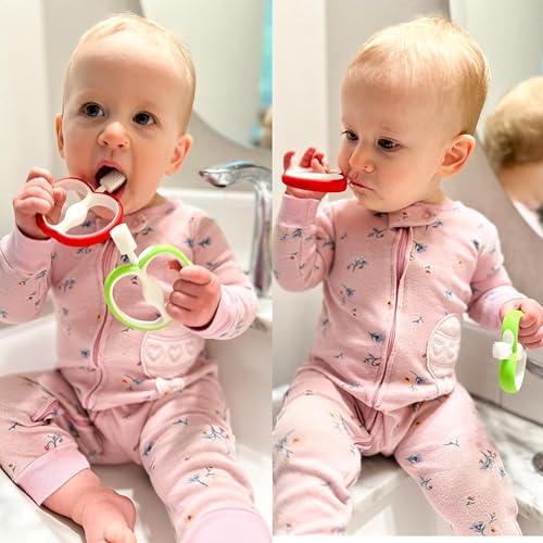 PandaEar 2 Pack Baby Toothbrush, Silicone Double-Sided Oral Care Teether Brush for Infant 6 to 12 Months, Easy to Hold -Green & Red